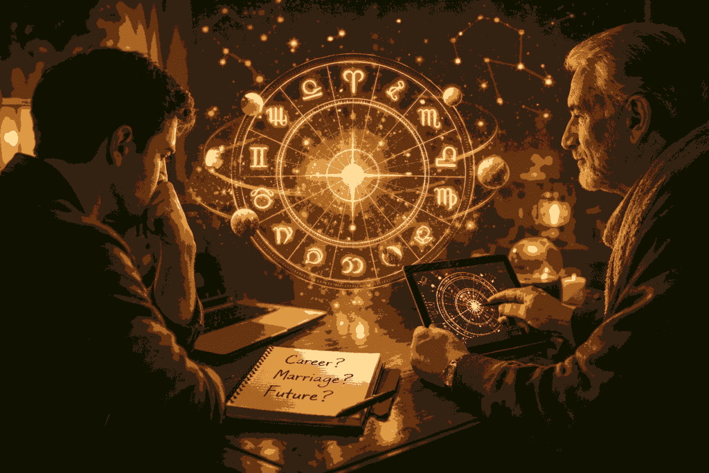 Person consulting an astrologer in Delhi with a glowing zodiac chart, symbolizing guidance from the best astrologer in Delhi for life decisions.  